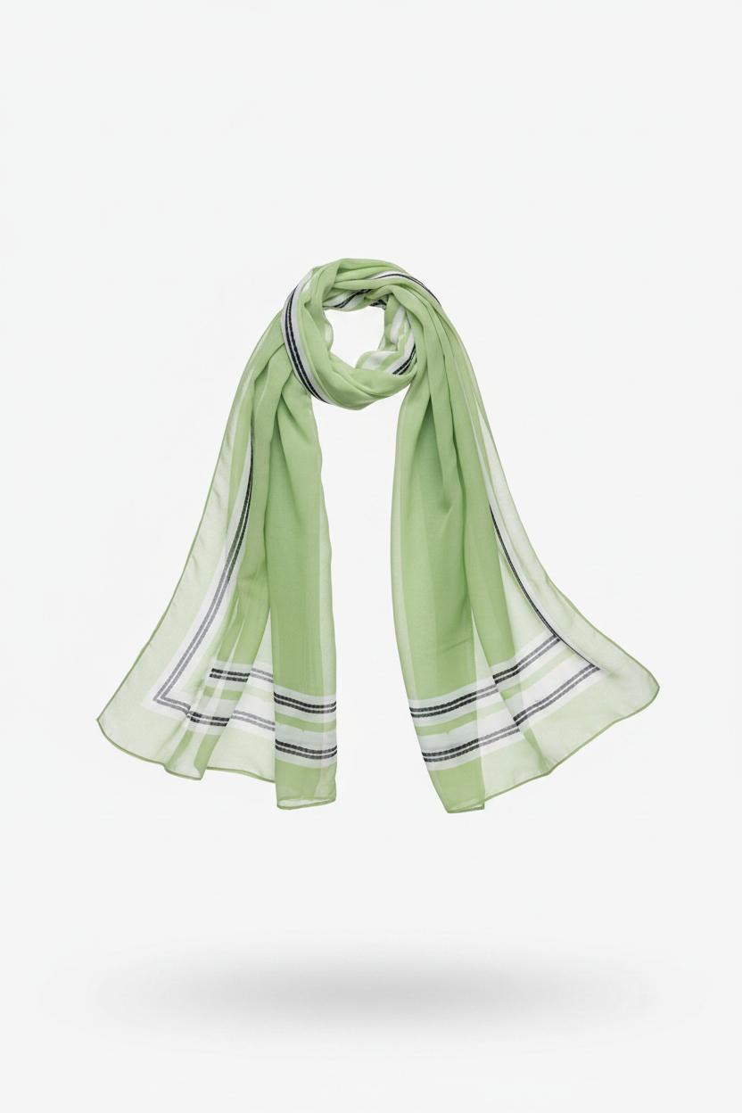Sage Green Striped Scarf Floating — White Studio